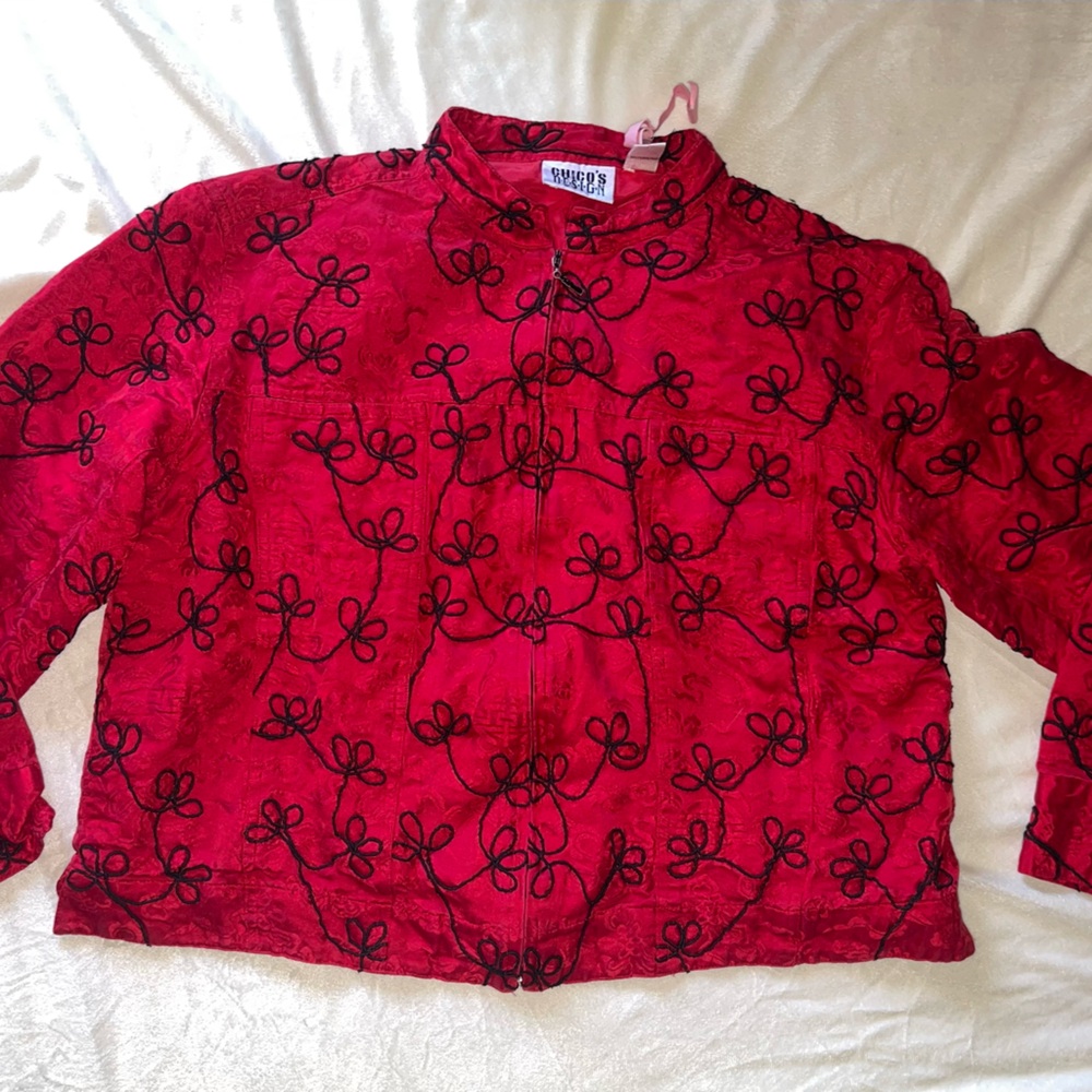Chico's Silk Red Jacket with Black Embroidery